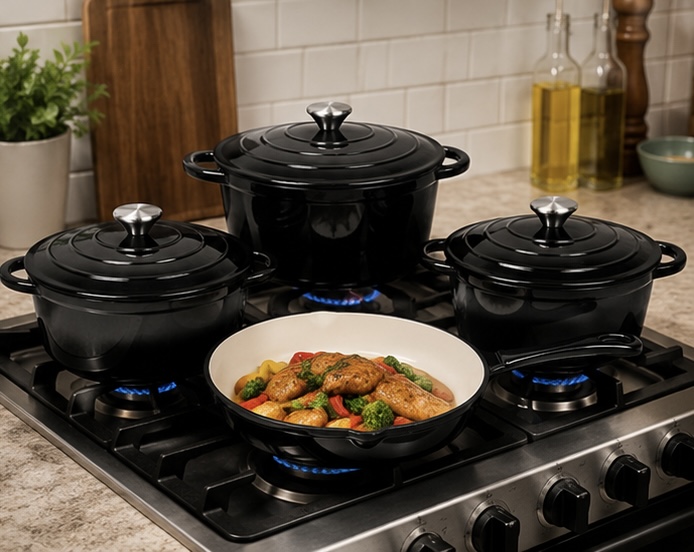 4-Piece Enamel Cast Iron Cookware Set with Cooking Gloves — view 3