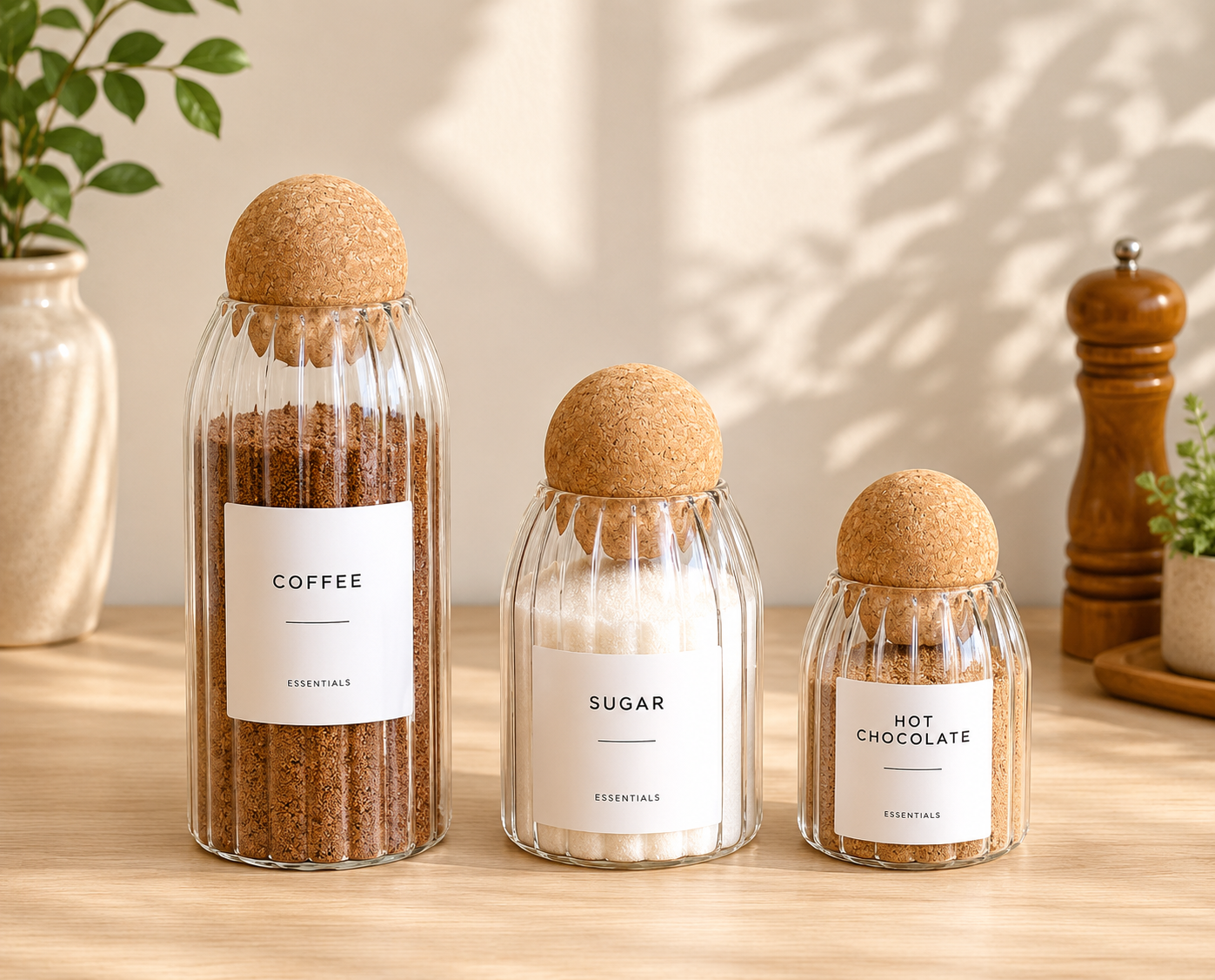 Ribbed glass jars with cork ball lids