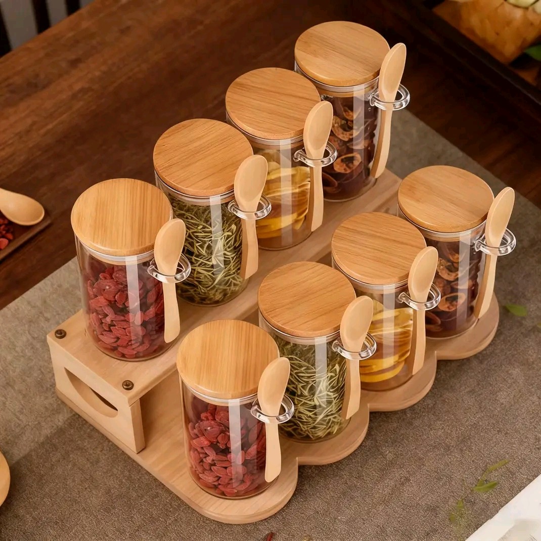 2-Step Bamboo 8-Pieces Glass Storage Rack with Lid & Spoons — view 2