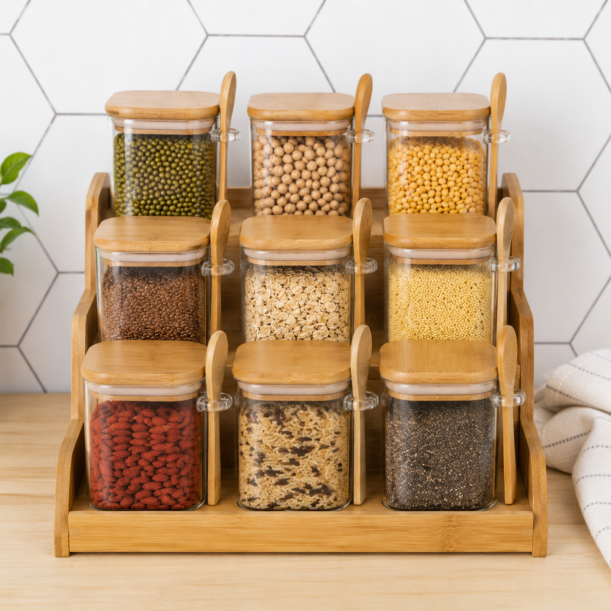 Glass Storage Jars with Bamboo Lids Set with Rack — Set of 9