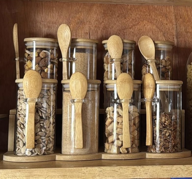 2-Step Bamboo 8-Pieces Glass Storage Rack with Lid & Spoons — view 3