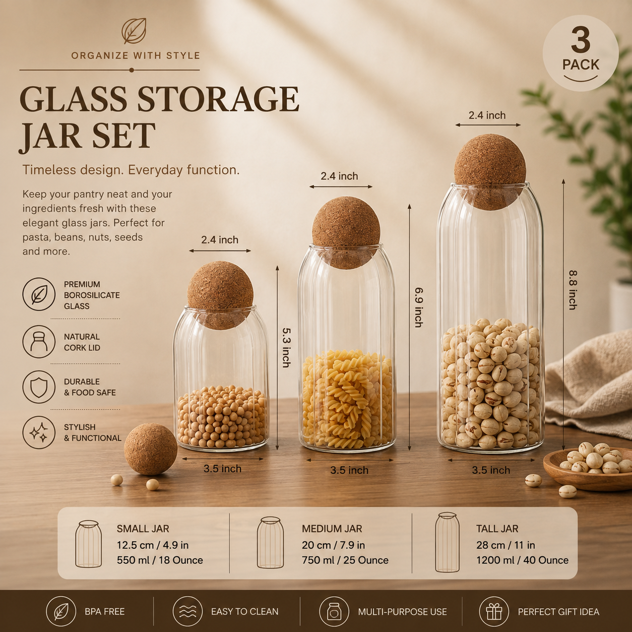 3pcs Transparent Jar Set size chart