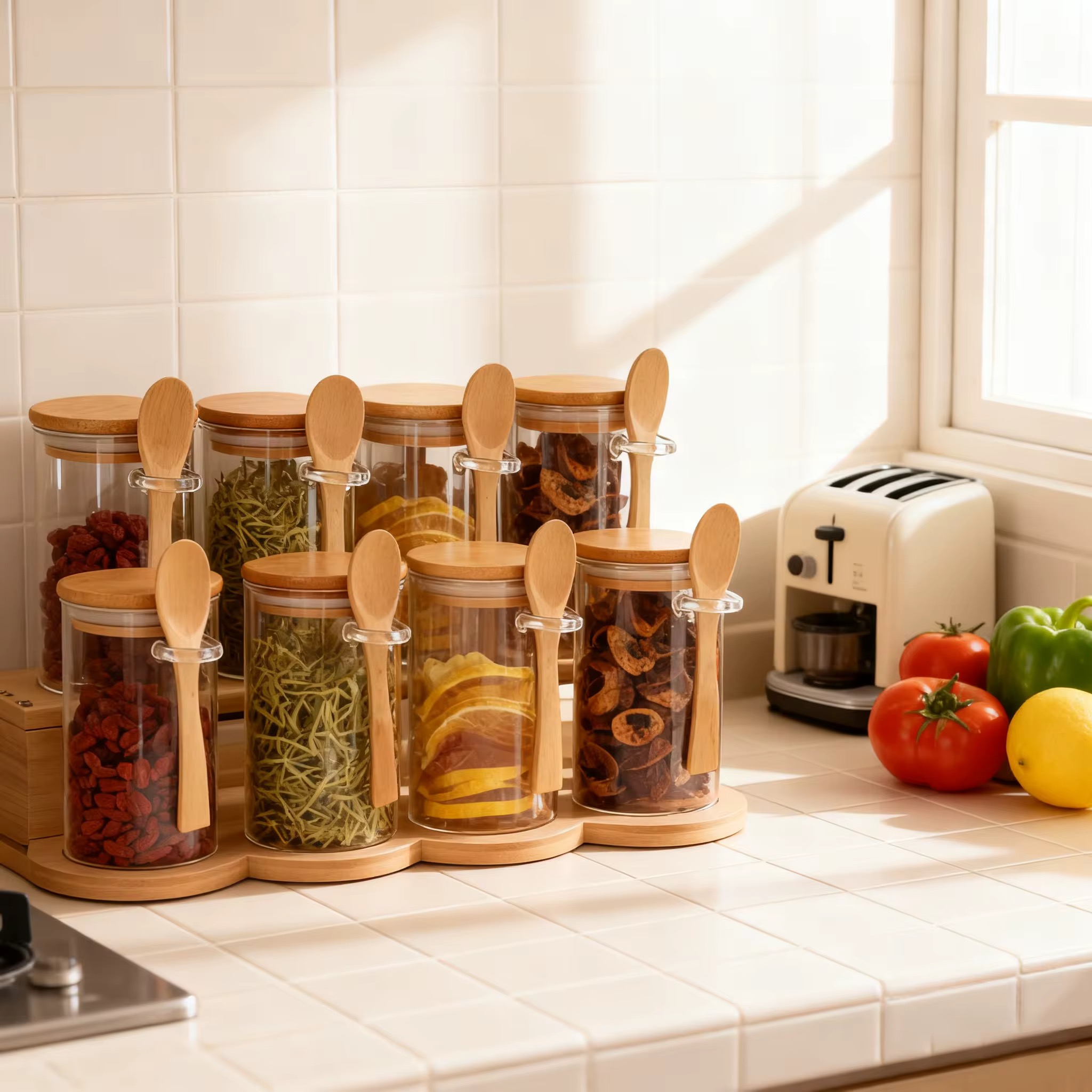 2-Step Bamboo 8-Pieces Glass Storage Rack with Lid & Spoons