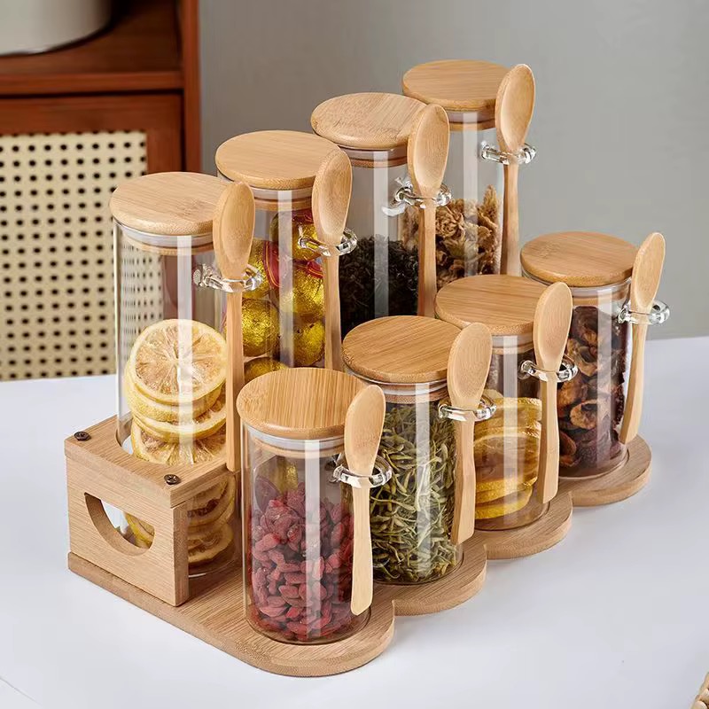 2-Step Bamboo 8-Pieces Glass Storage Rack with Lid & Spoons